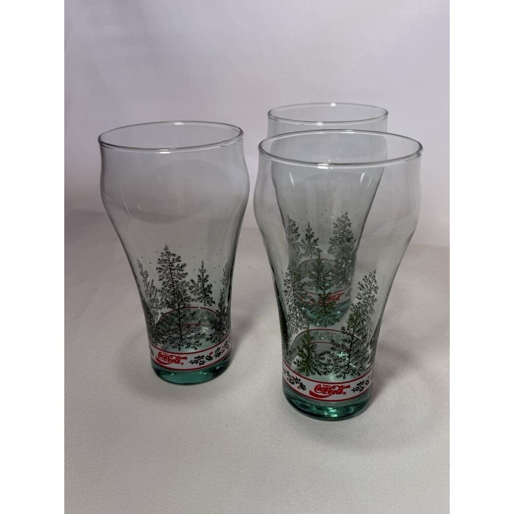 Vintage Set Of 3 Coca Cola Glasses 1991 By Libbey Christmas Trees w/Holly Band